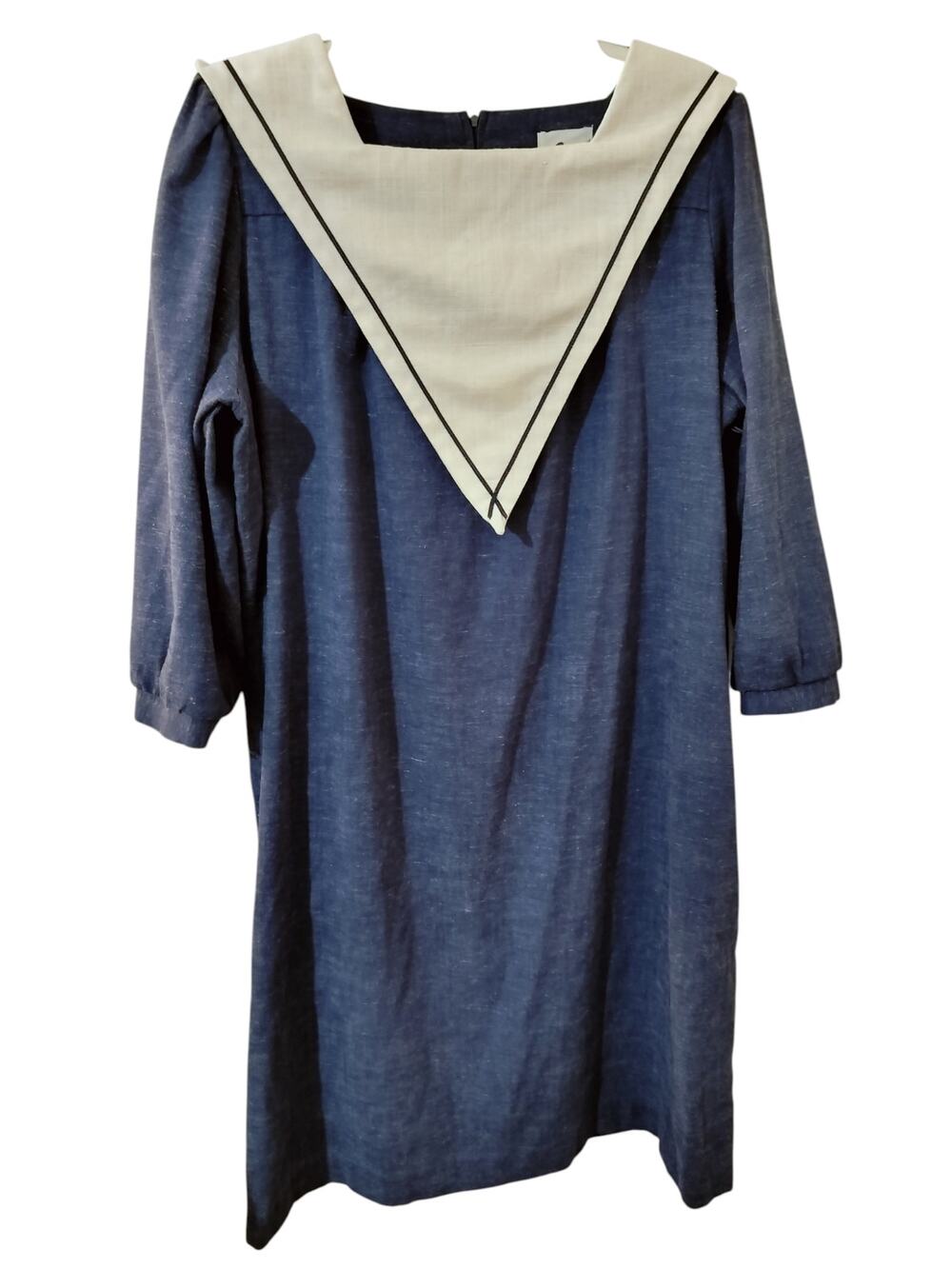 5829)Vtg 70s Jones of Dallas Nautical Chambray Sailor Colar Shift Dress 3X?